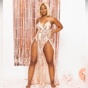 rose gold Sequin double split dress\jumpsuit